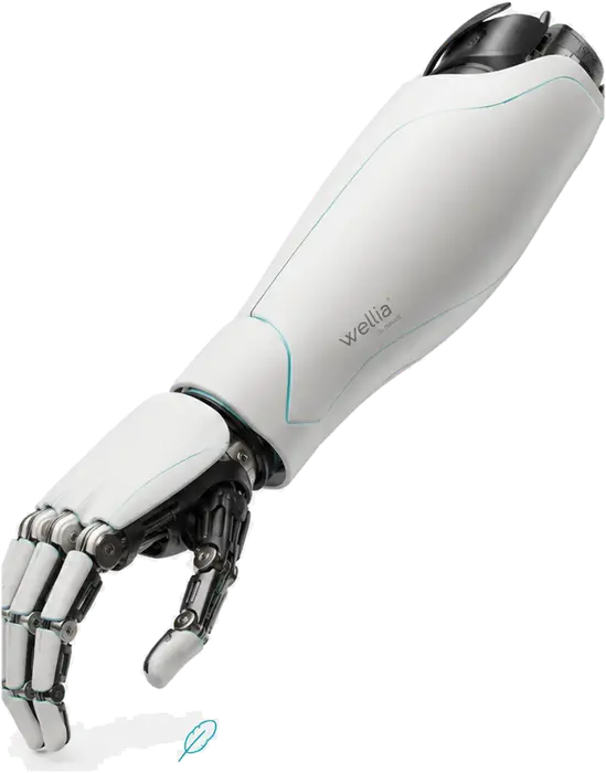 Prótesis de mano Nexus con carcasa Wellia blanca y líneas de acento turquesa