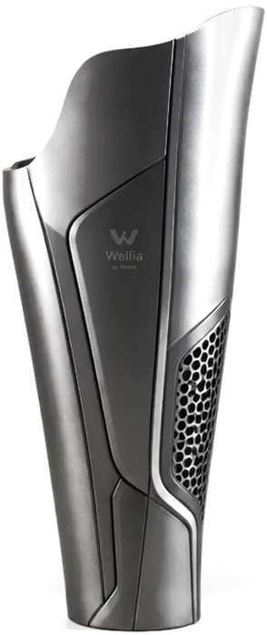 Cover Wellia premium para prótesis transtibial, en acabado metalizado con ventilación hexagonal